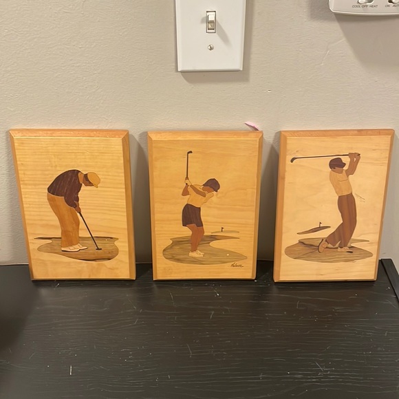 Vintage American Marquetry golf art. 3pc set. - Picture 1 of 8
